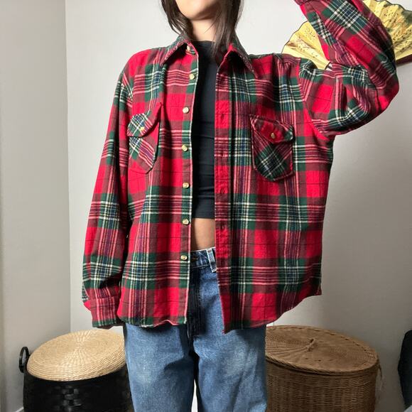 vintage montgomery ward red green wool plaid thick flannel shirt - Picture 1 of 10